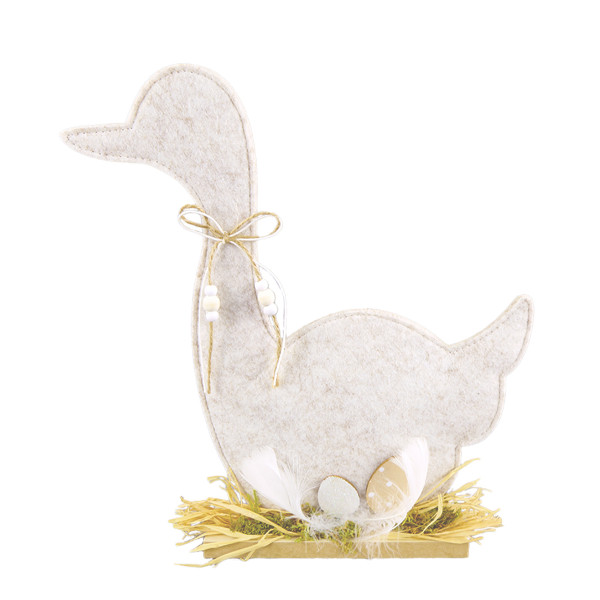 Deko Gans Ostern, graue Filzgans mit Eier im Stroh, 30cm, Aufsteller
