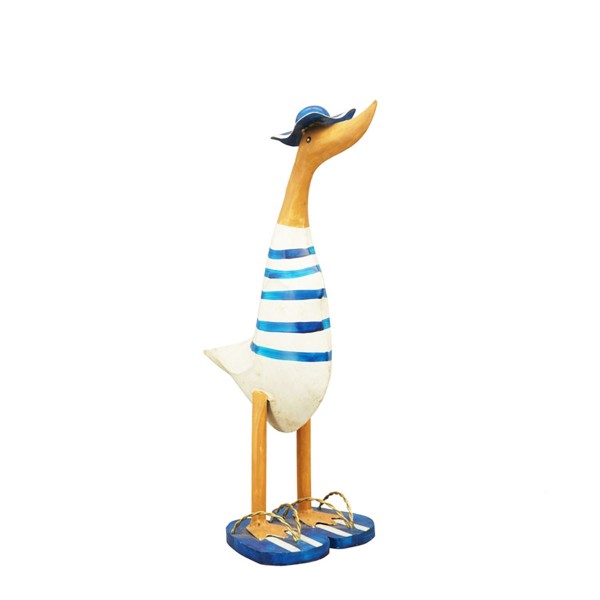 Ente mit Sonnenhut und Flip Flops blau gestreift 46cm Metall