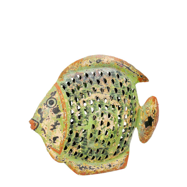 Deko Windlicht Fisch grün used look, Metallfisch mit kleinem Türchen, 21x18cm