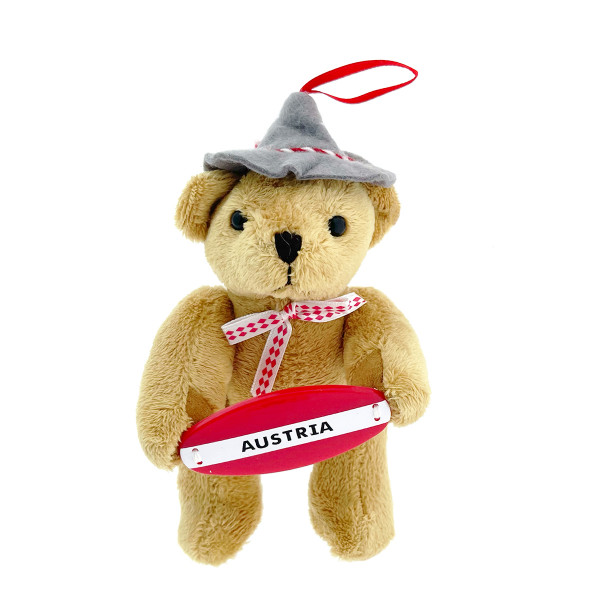 Plüsch Bär mit Schild Austria, Bärchen mit grauem Filzhut und Edelweiß, 15cm, Hänger