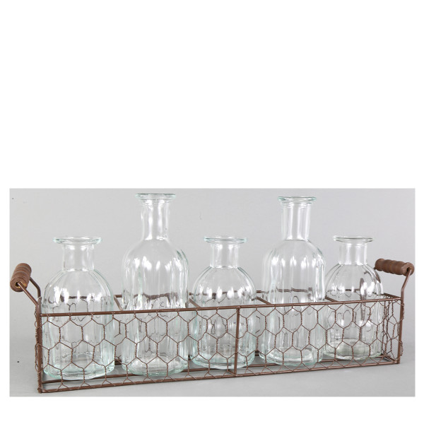 Blumenvasen im Drahtkorb, 5 Vasen im Henkelkorb, 46cm