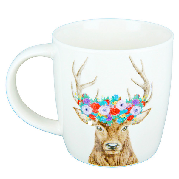 Tasse Hirsch mit Blumen, Henkelbecher mit Hirschkopf und Blumenkranz, Porzellantasse, 380ml, Gilde H
