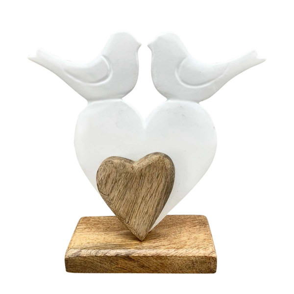 Deko Herz Hochzeit, Herz mit Vögel, weiß/natur, 16x17cm, Aufsteller