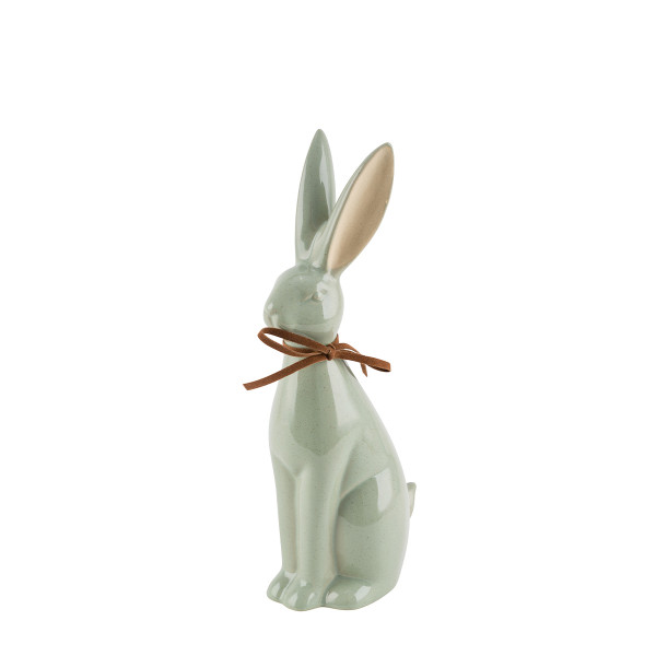 Deko Hase mit Schleife, schlanker Keramik Osterhase, glänzend salbei, 22cm