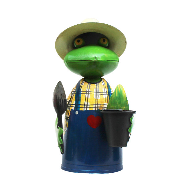 Zaunhocker Frosch Gärtner mit Pflanze und Schaufel, Metallfrosch in Gärtnerschürze und Sonnenhut, 21