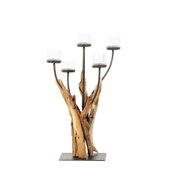 Holz Windlicht Cohiba mit 5 Kerzengläser, 60cm, Naturholz, WMG Grünberger