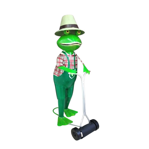 Deko Frosch Gärtner mit Rasenmäher, Metallfrosch mit Gartenhut, 45cm