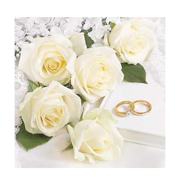 Ambiente Papierservietten Hochzeit, Weiße Rosen und Trauringe, 33x33cm