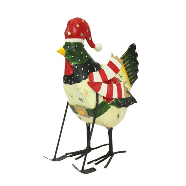 Lustiges Winterhuhn mit Skistöcke, Metallhuhn mit roter Mütze, 19cm
