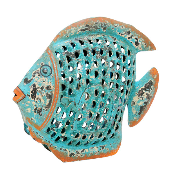 Deko Windlicht Fisch blau used look, großer Metallfisch mit kleinem Türchen, 43x37cm