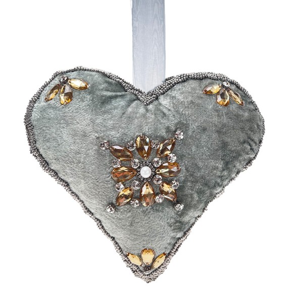 Herz Ornament und Straß grau 18cm Samt
