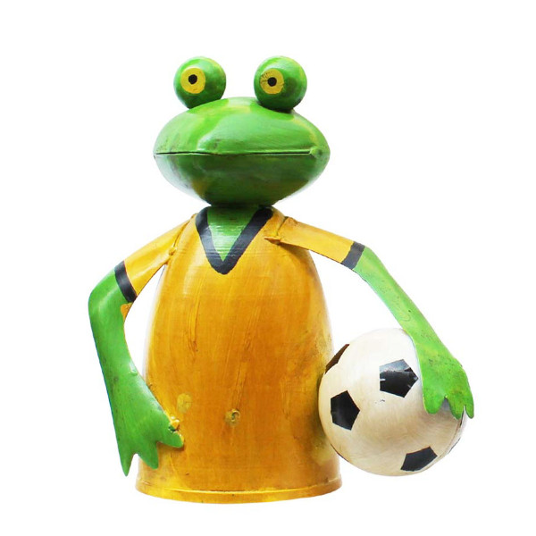Zaunhocker Frosch Fußball, Metallfrosch mit Fußballtrikot gelb und Fußball, 18x19cm