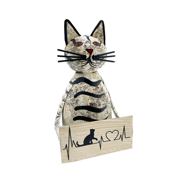 Zaunhocker Katze, Metallkatze mit Schild Herzschlag used look, 13x16cm