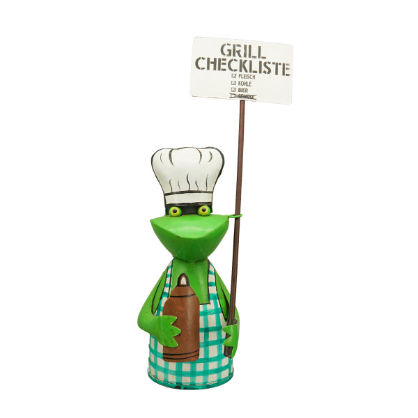 Zaunhocker Frosch Grill-BBQ, Metallfrosch mit Schild: Grillcheckliste, 22cm
