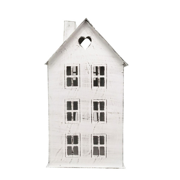 Deko Windlicht, Haus mit Herz, weiß shabby chic, used look, 19x34cm, Metall