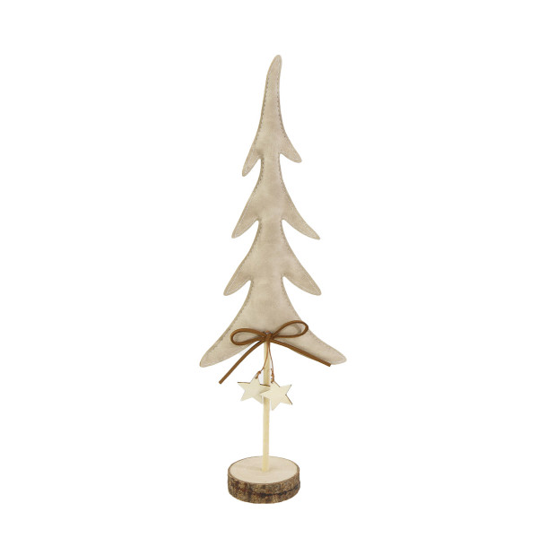 Deko Tannenbaum, Kunstleder Weihnachtsbaum mit Holzsterne und Schleife, creme, auf Holzfuß, 40cm