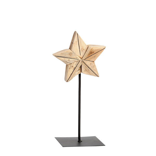 Deko Stern Teak, rustikaler Holzstern auf Metallfuß, 60cm, WMG Grünberger